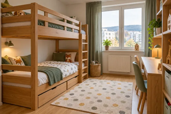Malá detská izba s drevenou poschodovou posteľou