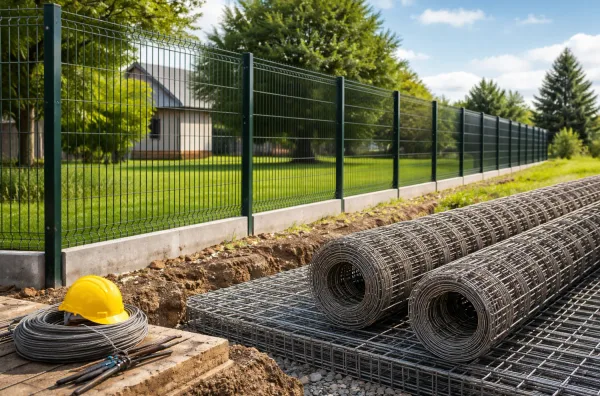 Oceľové siete a náradie pripravené na montáž plotu