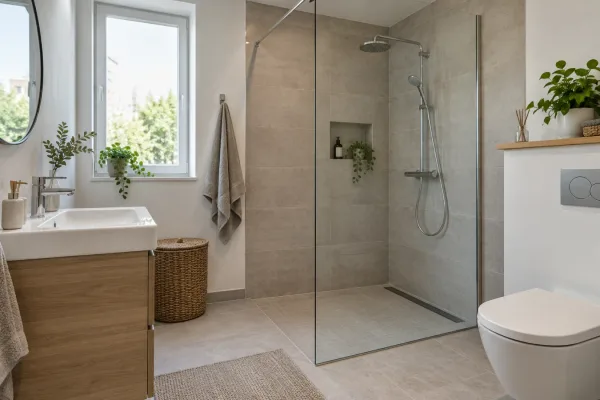 Svetlá kúpeľňa s priestranným sprchovým kútom walk-in