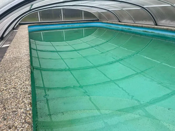 Zelená zakalená voda v bazéne spôsobená riasami